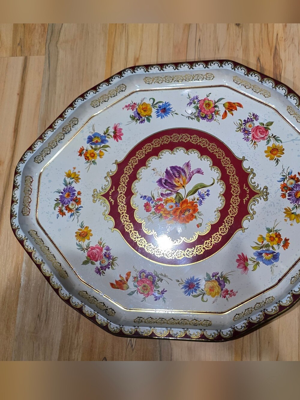 Vintage Daher Decorative Ware Metal Octagonal Floral Serving Tray